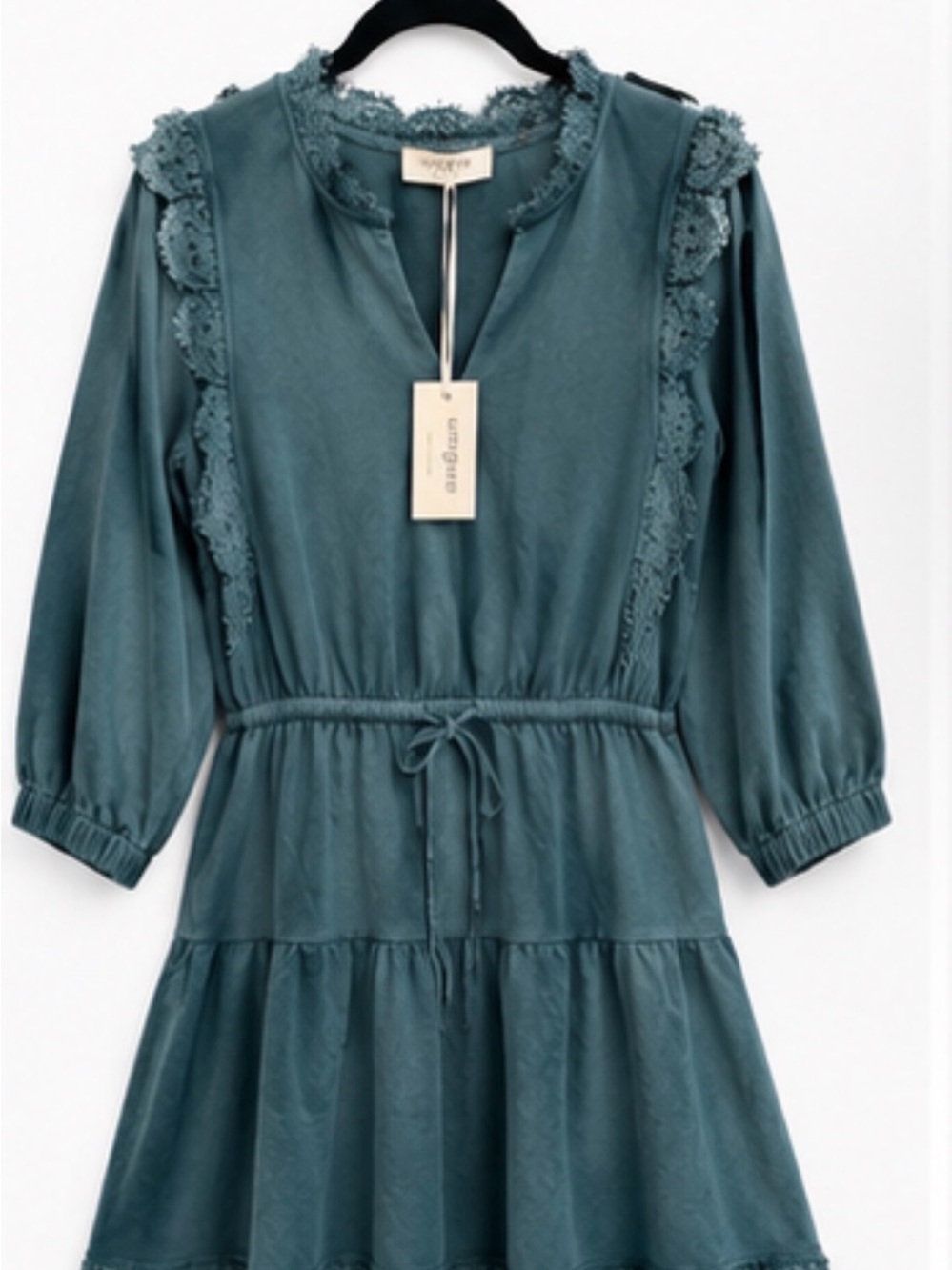 Umgee Washed Teal Eyelash Lace Tiered Dress Sample • Size Unknown (S/M)• NWT